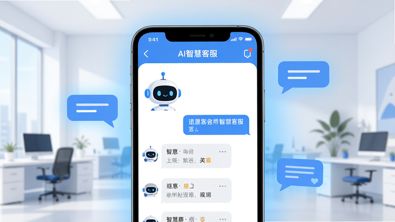 ��������Ϊһ�������ֻ���Ļ����Ļ����ʾAI�ǻۿͷ��ĶԻ����棬��һ���ɰ��Ļ�����ͷ�����ڻظ���Ϣ�������Ǹɾ��������ִ��칫�ң��������ֻ�Ϊ���ģ���Χ����͵���ɫ��Ч��Ʈ���ĶԻ����ݣ��Ű���þ��й�ͼ�����Ϊ��ƽ���廭��ϿƼ��У�ϸ�ڰ�����Ļ�ϵġ�AI�ǻۿͷ�����������Ϣ�б������ʸ���ɾ����޶���Ԫ��