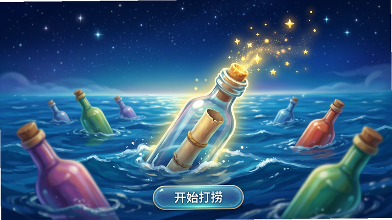 ƿ������Ư��ƿ���ƥ����棬�����ж����ɫƯ��ƿ����ɫ���������������һ��ƿ�ӱ������Ŵ�ƿ�ڷɳ���ɫ��㣬����ƥ��ɹ����������ǿ��뺣ƽ�ߣ�UI��������ʼ���̡���ť������λã�����ϸ�壬�ɾ��޶���Ԫ�ء�