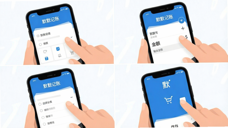 一幅展示手机使用流程的步骤图,画面分为四格,依次展示打开“默默记账”App、点击加号、输入金额、选择分类并保存的场景,人物手指点击屏幕的细节,整体风格扁平化,蓝白配色,布局清晰,高画质,干净无多余元素