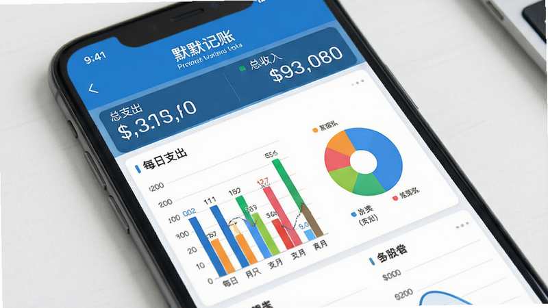 一幅展示手机统计报表页面的设计图,屏幕中显示“默默记账”的月度统计界面,包含柱状图展示每日支出、饼图展示分类占比,以及顶部总收入和总支出的数字摘要,整体风格商务蓝,图表色彩丰富,布局规整,画质清晰,无多余元素