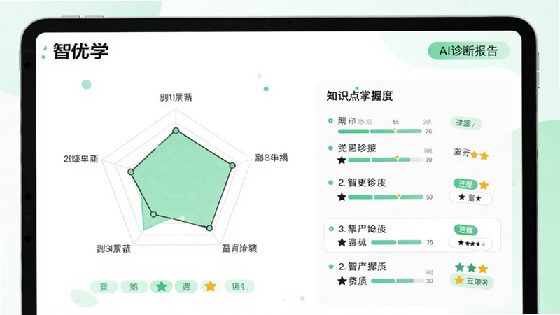 ��������Ϊ������ѧ��AI��ϱ���ҳ�棬����Ϊƽ�����չʾ��������״�ͼͳ�ƣ��Ҳ���֪ʶ�����ն��б�������Ϊ��ɫ����ǳ��ɫ��׺���Ű����������Ϊ�Ƽ��б�ƽ�廭��ϸ�ڰ�������������ǩ��ť���������֣����ʸɾ����޶���Ԫ��