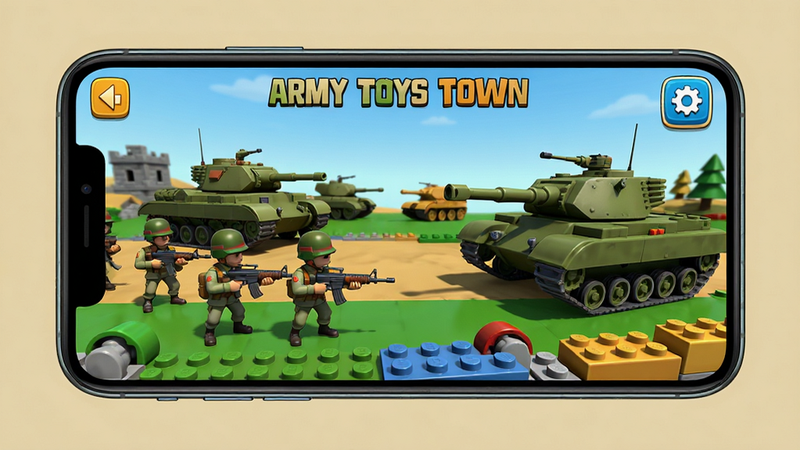 ���壺�ֻ���Ϸ�����ͼ����ʾArmy Toys Town��ս�����棬��ʿ����̹�ˣ����Ͻ������ð�ť�����֣��ֻ���Ļ���У�����Ϊ��ɫ���Ű棺����UI������ɫ�ʷḻ�������Ϸ��ͼ���UI������ϸ�ڣ�ʿ��ģ�;�ϸ�������л�ľ�����ʣ����壬�ɾ����޶���Ԫ��
