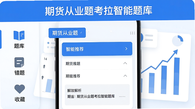 主体:期货从业题考拉智能题库功能界面,手机屏幕上显示“智能推荐”栏目,下方为题目卡片,包含选项和解析区域,背景有简单图表。布局:手机居中,左侧有“题库”、“错题”、“收藏”图标。排版:标题“期货从业题考拉智能题库”置于画面顶部,下方为功能分区。风格:科技感扁平风格,蓝色与白色搭配,画质干净清晰。