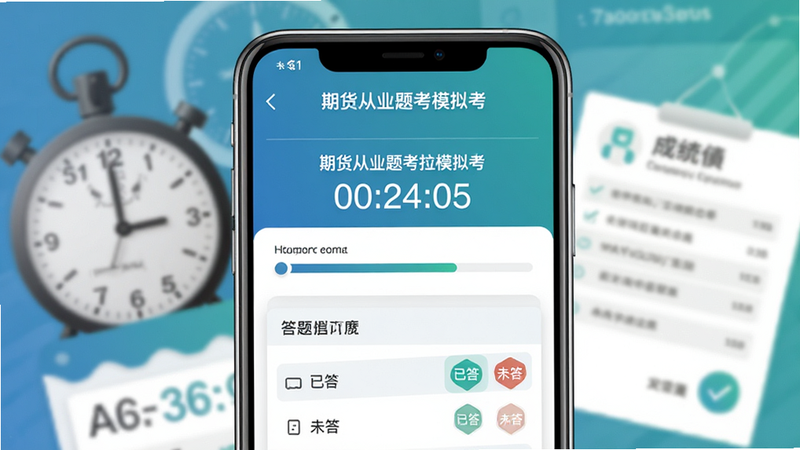 主体:期货从业题考拉模拟考试界面,手机屏幕上显示考试倒计时和题目进度条,答题卡上有已答和未答标记。布局:手机居中,背景为计时器和成绩单元素。排版:标题“期货从业题考拉模拟考”,下方为答题界面。风格:写实与扁平结合,蓝绿色调,画质清晰。