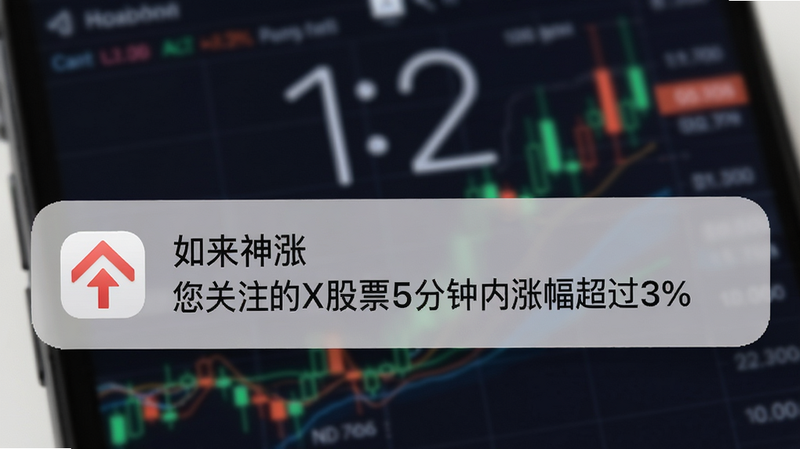 智能手机锁屏界面显示一条“如来神涨”的推送通知,通知内容为“您关注的XX股票5分钟内涨幅超过3%”,背景为模糊的股票行情图表,图标为红色上涨箭头,整体风格简洁现代,画质高清,干净无多余元素。