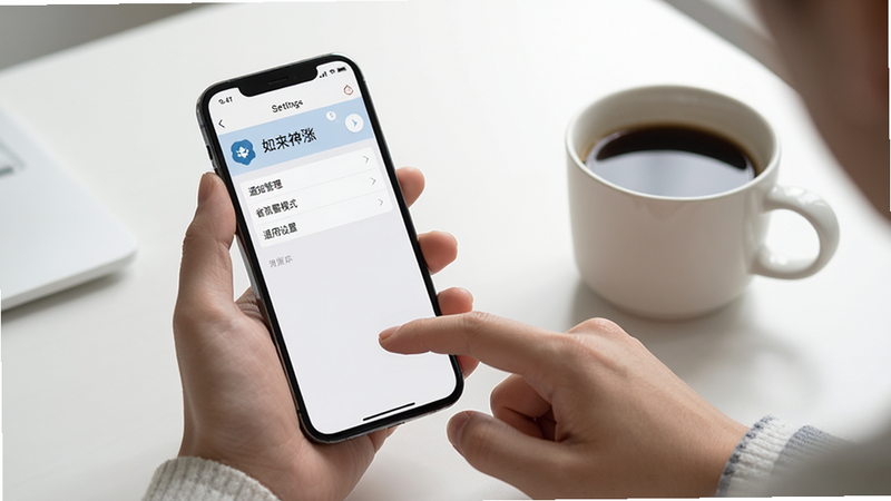 一名用户正在使用手机操作“如来神涨”软件,屏幕显示“设置”页面,包含“通知管理”“省流量模式”“通用设置”等选项,手机旁边放着一杯咖啡,桌面整洁,光线柔和,画质清晰,干净无多余元素。