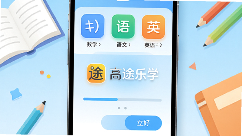 ���壺��;��ѧApp����չʾ���ֻ���Ļ������ѧ�����ġ�Ӣ��ȿγ�ͼ�꣬�����С���;��ѧ��Ʒ��Logo�������������ã�����Ϊǳ��ɫ���䡣���֣��ֻ����У���Χ���鱾��Ǧ�ʵ�ѧϰԪ�ص�׺���Ű棺���������ͻ��App���ơ�����ִ���ƽ����ƣ�ɫ�����졣ϸ�ڣ�����ͼ�꾫�£���ѧϰ�������ͻ�����ť�����ʣ�������Ⱦ���ɾ��޶���Ԫ�ء�