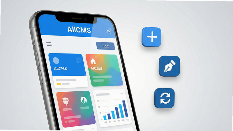 ���壺һ��������Ļ�������ֻ�����Ļ��������ʾ��AllCMS�������������棬�����п��Կ��������б����༭��ť������ͼ�������֣��ֻ�����ƫ���Ҳ��������򸡶��ż���Сͼ�꣨��Ӻš��ֱʡ�ˢ�£������幹ͼƽ�⡣�Ű棺�ֻ���Ļ�ڵĽ���Ԫ���������룬�����С�AllCMS���������·��ǲ�ɫ��Ƭʽ����ģ�顣����ִ���ƽ����Ʒ��ɫ�����죬����ɫ�Ͱ�ɫΪ��ɫ����ϸ�ڣ��ֻ���Ǵ�����΢�����ʸУ���Ļ������Ȼ�⣬����Ϊǳ��ɫ���䣬ͻ�����塣���ʣ���������Ⱦ��ϸ�ڷḻ���ɾ��޶���Ԫ�ء�
