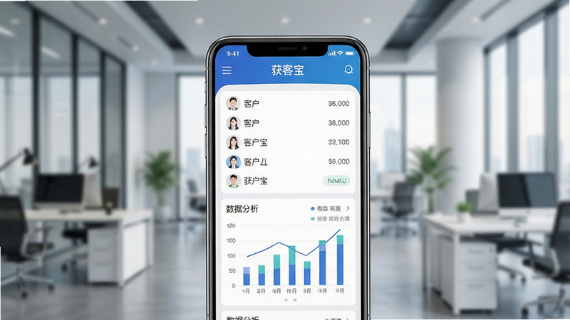 一张展示获客宝软件在智能手机上运行的界面特写,手机屏幕显示客户列表和数据分析图表,背景为现代商务办公环境,布局居中,突出APP界面,风格写实高清,细节丰富,画质清晰干净,无多余元素,屏幕文字显示“获客宝”