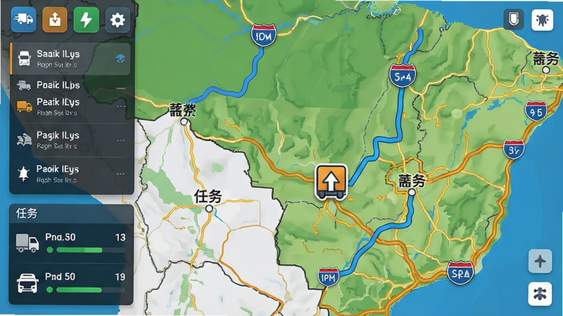 主体:游戏地图界面显示巴西公路网络,一辆卡车图标正在行驶;布局:地图占主体,左侧有任务列表和车辆状态面板;排版:功能图标规整排列,路线清晰标注;风格:现代UI设计,色彩协调;细节:地图上标注城市名称和道路编号,卡车图标带方向指示;画质:界面清晰锐利,干净无多余元素