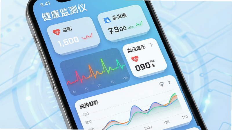主体为一部智能手机屏幕展示健康监测仪应用界面,屏幕中央显示彩色心率曲线与血压数值卡片,背景为淡蓝色科技感渐变,布局采用上下分层排版,上方为数据卡片,下方为趋势图表,风格简洁现代,细节包含圆角卡片、阴影效果与白色文字标注“健康监测仪”字样,画质清晰干净,无多余元素。