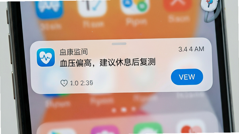 主体为手机通知栏展示健康监测仪推送的提醒消息,消息内容为“血压偏高,建议休息后复测”,布局为屏幕中央显示通知卡片,卡片带有应用图标与文字,风格写实,细节包括时间戳与按钮,画质清晰自然,背景为系统桌面,干净无多余元素。