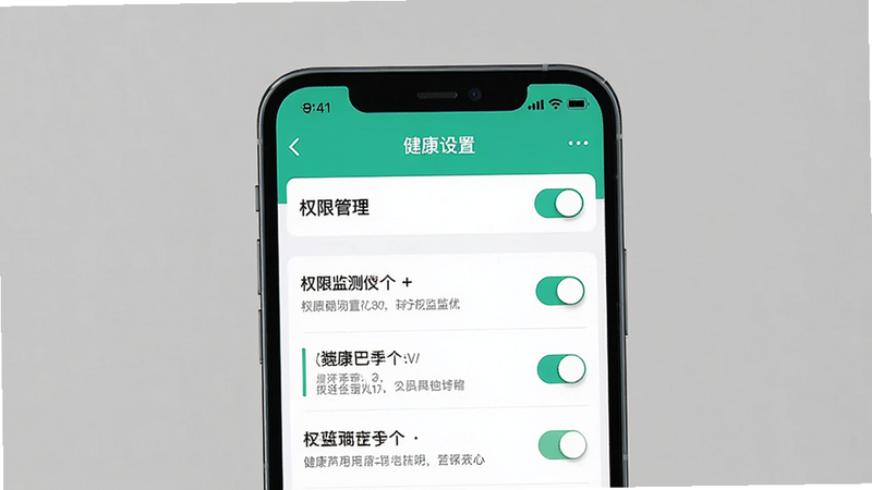 主体为手机屏幕显示健康监测仪的设置页面,页面包含“权限管理”选项,布局为列表样式,风格简洁,细节包括开关按钮与说明文字,画质清晰,背景为纯色,干净无多余元素。