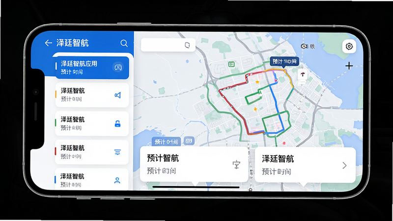 主体:泽廷智航应用在手机屏幕上展示多路线对比界面,左侧为路线列表,右侧为地图。布局:手机横屏展示,地图占据大半画面,路线卡片叠加在地图下方。排版:路线信息以卡片形式呈现,清晰易读。风格:科技蓝与白色为主,简约现代。细节:地图上显示不同颜色的路线线条,并标注预计时间。画质:高清,干净,无多余元素。