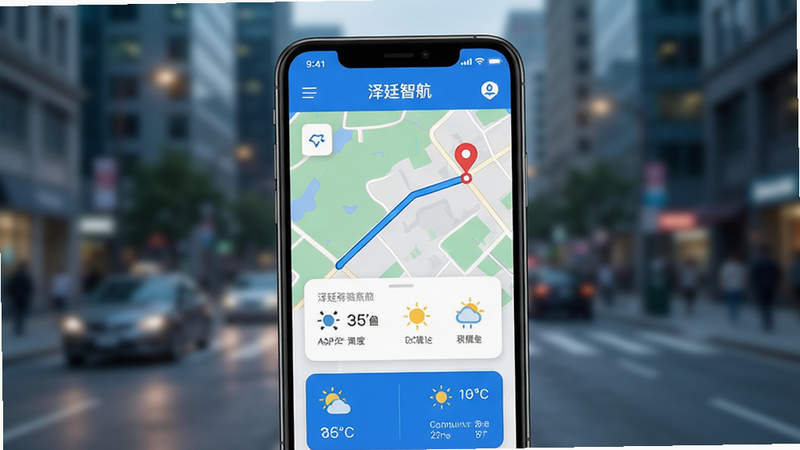 主体:一部智能手机屏幕显示泽廷智航应用主界面,界面包含地图、路线规划卡片和天气信息。布局:手机居中,背景为模糊的城市街道,突出应用界面。排版:界面元素清晰,功能图标排列整齐。风格:现代扁平化设计,色彩明亮,科技感十足。细节:地图上有蓝色路线和红色终点标记,天气图标显示晴朗。画质:超高清,干净,无多余元素。