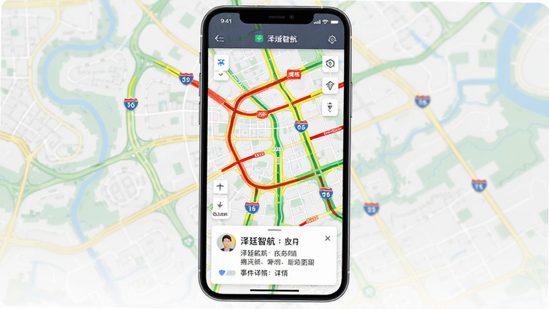 主体:泽廷智航应用实时交通界面,地图上显示红黄绿三种颜色的道路线条。布局:手机竖屏,地图充满屏幕,底部有路况信息卡片。排版:信息简洁,颜色标识直观。风格:地图风格写实,色彩鲜明。细节:红色线条标注拥堵路段,卡片显示事件详情。画质:超清,干净,无多余元素。