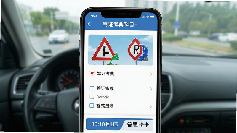 主体:驾证考典科目一模拟考试界面截图,手机屏幕显示考试题目和选项。布局:手机居中,屏幕上方显示“驾证考典科目一”字样,下方有倒计时和答题卡。排版:清晰规整,答案选项突出。风格:写实,界面友好。细节:包含交通标志图片和文字选项,背景有模糊的驾驶场景。画质:高清晰度,干净,无多余元素。
