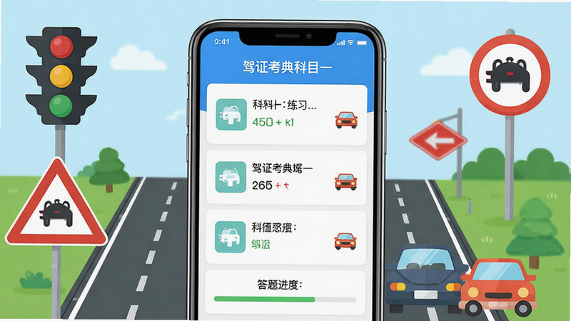 主体:驾证考典科目一APP界面展示,手机屏幕内显示科目一练习题列表和答题进度。布局:手机居中,屏幕内容清晰可见,周围有道路、交通标志等元素。排版:简洁大方,突出软件名称“驾证考典科目一”。风格:扁平化,色彩明亮。细节:交通信号灯、小汽车等图标点缀。画质:高清,干净,无多余元素。