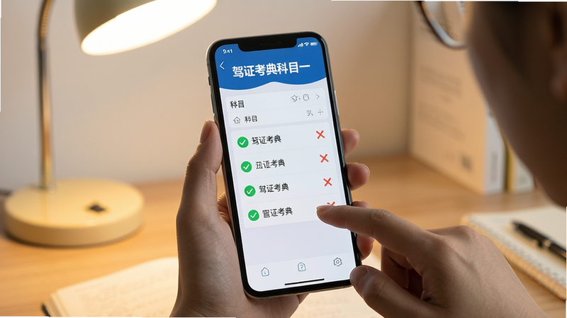 主体:用户正在使用驾证考典科目一APP刷题,手机屏幕清晰显示答题界面。布局:手机位于画面中央,背景为书桌和台灯。排版:突出手机屏幕内容,显示“驾证考典科目一”字样。风格:写实生活,光线柔和。细节:用户手指点击选项,屏幕上有绿色对勾和红色叉号。画质:高清,干净,无多余元素。