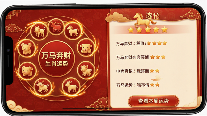 ���壺�ֻ�����չʾ���������ơ���Ф����ҳ�棬���Ϊʮ����ФԲ��ͼ�꣬�Ҳ�Ϊѡ����Ф����������ϸ���ơ����֣����ҷ�����ͼ�����гɻ��Ρ��Ű棺�����������Ǽ�չʾ�����ַ����г�������й���廭�����ɫ����ϸ�ڣ���Фͼ����ж�̬��Ч���ײ��С��鿴�������ơ���ť�����ʣ�ϸ�壬�ɾ��޶���Ԫ�ء�