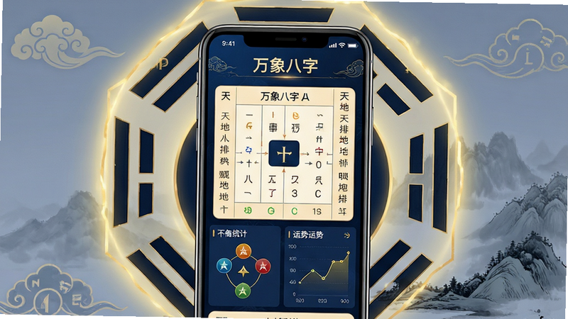 主体:手机屏幕展示“万象八字”APP界面,界面显示八字排盘、五行统计、运势曲线等核心功能模块。布局:手机居中,屏幕内容清晰可见,周围有淡淡的金色光环和八卦阵图装饰。排版:画面简洁,主体突出,文字标签“万象八字”置于屏幕上方。风格:现代科技感与中国风结合,色调以深蓝和金色为主。细节:八字天干地支文字清晰,五行图标精致,背景有云纹和水墨山水的暗纹。画质:高清渲染,干净无多余元素。
