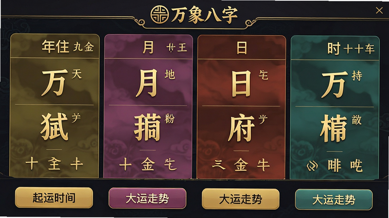 主体:“万象八字”排盘功能界面特写,显示四柱八字(年柱、月柱、日柱、时柱)以及五行十神标注。布局:界面以列表形式展示,每个柱位用不同颜色区分,底部有“起运时间”和“大运走势”按钮。排版:信息层级分明,字体清晰,柱位间有分隔线。风格:深色背景配金色文字,突出传统韵味。细节:天干地支用大字显示,五行属性用小图标标记,屏幕上方有“万象八字”的logo。画质:高清晰度,干净无多余元素。