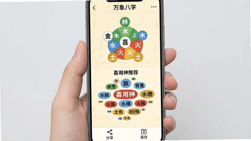主体:手机界面展示“万象八字”的五行分析页面,包含五行分布条形图、喜用神推荐、性格标签云。布局:上方为五行统计图,下方为文字解读,左右对称。排版:图表用不同颜色(金白、木绿、水蓝、火红、土黄)区分,标签云居中排列。风格:扁平化设计,背景为淡黄色宣纸纹理。细节:五行字用圆体,解读文字加粗显示,屏幕底部有“分享”和“保存”图标。画质:干净整洁,无多余元素。