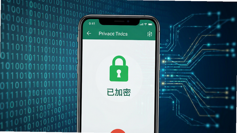 数字世界中的加密通信概念图,前景为一部智能手机,屏幕显示隐私加密电话应用内通话界面,界面有绿色加密锁图标和“已加密”字样,背景为半透明的二进制代码流和网络线路图,整体风格科技感强,画面干净,无多余元素,画质清晰