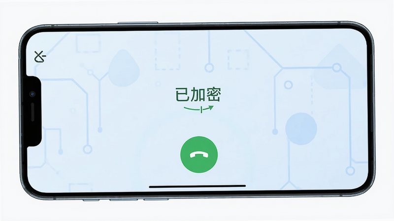 智能手机横屏展示隐私加密电话的加密通话界面,界面有绿色挂断按钮和“已加密”字样,背景为浅蓝色科技感几何图形,画面干净,无多余元素,画质清晰