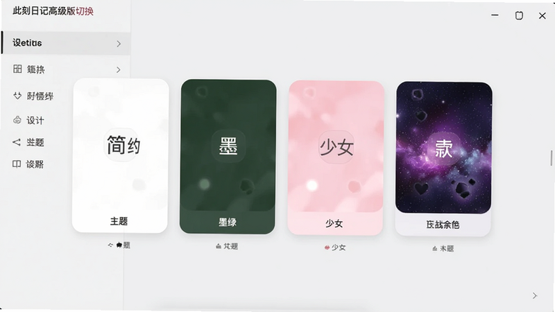 此刻日记高级版主题切换界面截图,画面中央是不同颜色和背景的皮肤预览卡片,有简约白、墨绿、少女粉和星空紫四种主题,每个卡片下方标注主题名称,界面设置列表清晰,背景为浅灰色,风格时尚现代,画质干净,无多余元素