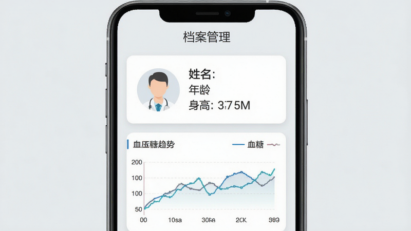 ҩ����App�����������棬��Ļ��ʾһλ�û��Ļ�����Ϣ��Ƭ������ͷ�����������䡢�����������ݣ��·���Ѫѹ��Ѫ�ǵ���������ͼ������Ϊǳ��ɫ���ֻ���Ļ�Ϸ��С�������������������������ü���ҽ�Ʒ�񣬻��ʸɾ����޶���Ԫ��