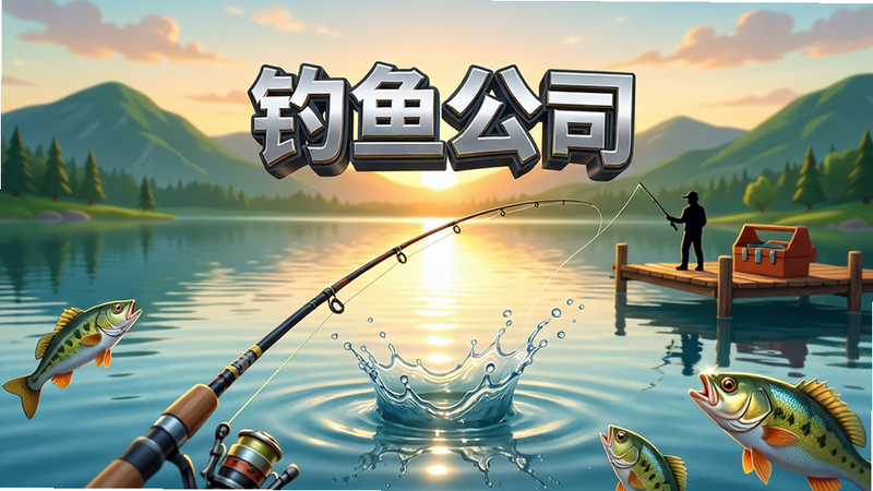 主体:一片宁静的湖泊与远处青山,近景是一根鱼线抛入水中的瞬间,水花溅起,周围环绕着多种鱼类,画面中央悬浮着游戏Logo“钓鱼公司”。布局:前景为鱼竿与鱼线,中景为湖面与人物剪影,背景为山峦与夕阳。排版:Logo置于画面上方黄金分割点,字体为立体金属质感。风格:卡通写实风,色彩明亮通透。细节:水面反射阳光,鱼鳞反光可见,岸边有木制码头与工具箱。画质:4K高清,干净无多余元素。