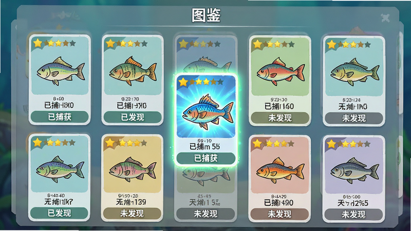 主体:游戏内图鉴界面展开,展示着排列整齐的鱼类卡片,每种鱼下方标有“已捕获”或“未发现”状态。布局:界面为半透明背景,卡片呈网格状排列,中央有一条正在发光的新鱼种。排版:顶部有“图鉴”标题,卡片上有星星评级。风格:扁平化UI设计,色彩鲜艳。细节:鱼卡上有手绘风格的鱼类插画与数据标签。画质:高清UI截图,干净无多余元素。