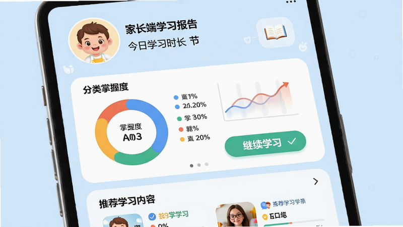 ���壺�ҳ���ѧϰ����ҳ�棻���֣��Ϸ�Ϊ����ͷ��ͽ���ѧϰʱ�����м�Ϊ�������նȻ���ͳ��ͼ���·�Ϊ�Ƽ�ѧϰ�����б����Ű棺���ݿ��ӻ�ͼ����������ťԲ�󣻷�񣺼��������Ͽ�ͨԪ�أ�����Ϊǳ��ɫ��ϸ�ڣ�ͳ��ͼɫ���������ԣ��С�����ѧϰ��������ť�����ʣ����壬�ɾ����޶���Ԫ�ء�