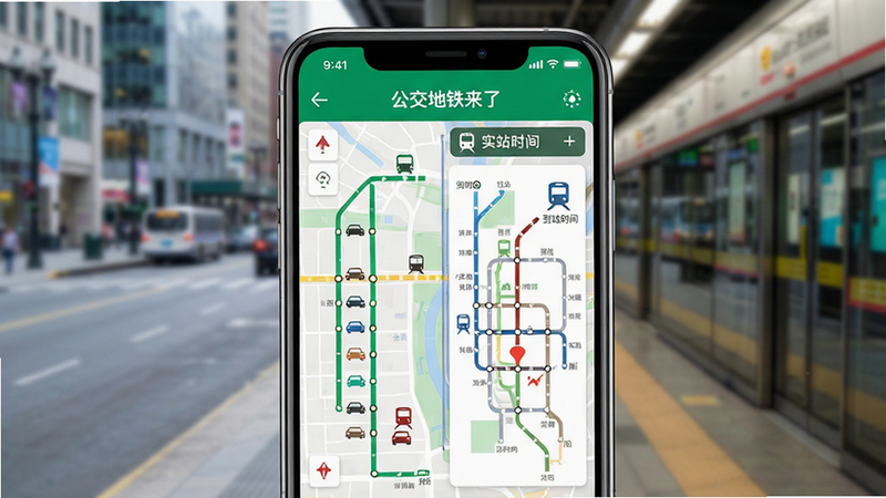 画面主体为智能手机屏幕展示“公交地铁来了”应用界面,界面清晰显示公交线路图、地铁线路图、实时车辆位置标记和到站时间倒计时。背景为模糊的城市街道和地铁站台,突出应用在真实出行场景中的使用。布局采用手机居中、背景虚化处理,风格为现代扁平化设计,色彩明亮清新,细节包括地图上的小汽车和地铁图标,画质高清干净,无多余元素。