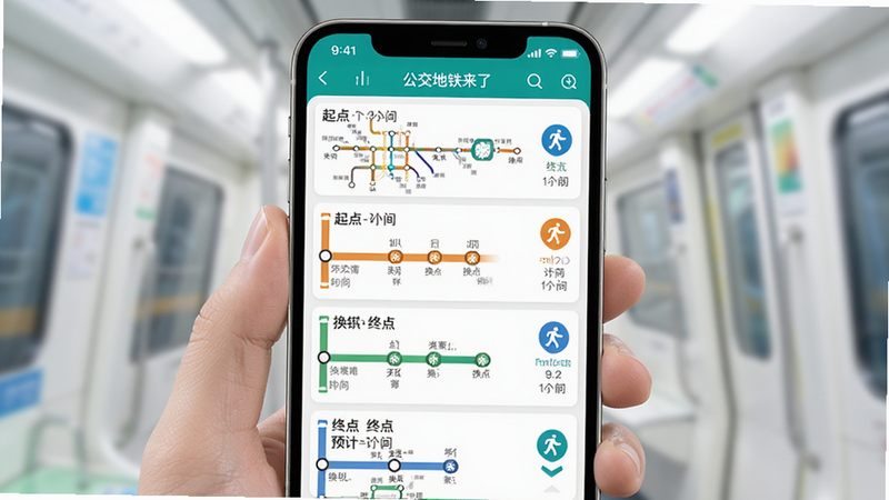 画面主体为手机应用“公交地铁来了”的地铁线路规划界面,显示从起点到终点的多条路线方案,每条路线用不同颜色标注,包含换乘站点和预计时间。布局为列表形式,风格简洁明亮,细节包括地铁线路图缩略图和步行导航图标,画质高清干净,无多余元素。