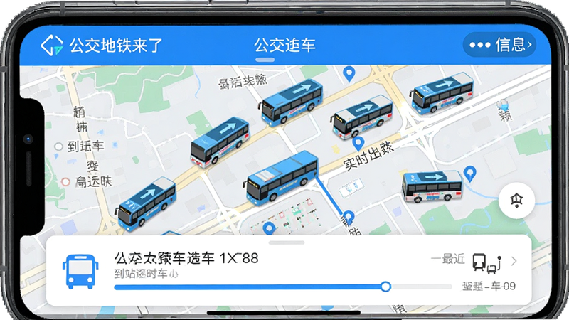 画面主体为手机应用“公交地铁来了”的实时公交追踪界面,地图上显示多辆公交车的实时位置,车辆图标带有方向箭头,底部卡片显示最近一班车的到站时间。布局为地图全屏、底部信息卡片,风格为科技感蓝色调,细节包括道路名称、站点标记和进度条,画质清晰干净,无多余元素。