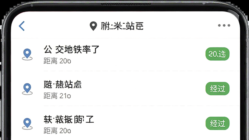 画面主体为手机应用“公交地铁来了”的附近站点列表界面,显示附近站点名称、距离和经过线路,列表项有序排列。布局为列表视图,风格简约,细节包括定位图标和距离标签,画质清晰干净,无多余元素。