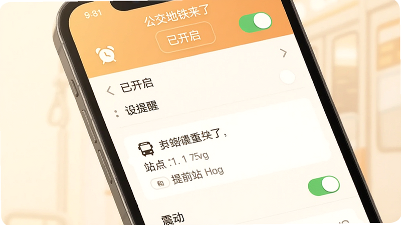 画面主体为手机应用“公交地铁来了”的到站提醒设置界面,显示设置提醒的线路、站点和提前站数,顶部有一个闹钟图标和“已开启”开关。布局为表单样式,风格温馨柔和,细节包括通知预览卡片和震动开关,画质干净无多余元素。