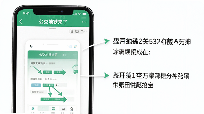 画面主体为手机应用“公交地铁来了”的使用教学界面,屏幕上显示操作步骤图示,旁边有文字说明。布局为图文结合,风格简约清晰,细节包括箭头指示和重点标注,画质高清干净,无多余元素。