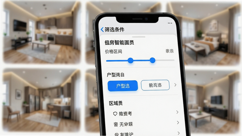 唯果租房智能筛选功能示意图,手机界面展示筛选条件面板,包括价格区间滑块、户型选择按钮、区域列表,背景为模糊的房源图片,界面简洁现代,蓝色高亮选中状态,画质清晰,干净无多余元素