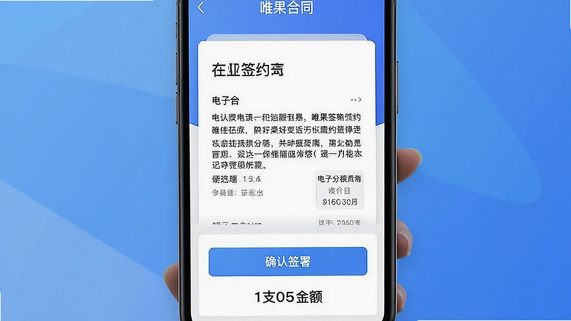 唯果租房在线签约支付界面,手机屏幕显示电子合同页面,底部有“确认签署”按钮和支付金额数字,背景为简约渐变蓝色,界面清晰,无多余元素,画质细腻