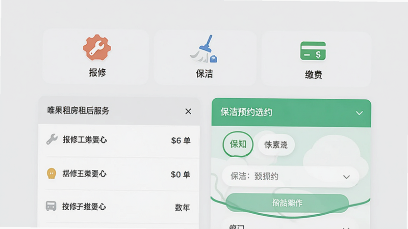 唯果租房租后服务界面,显示报修工单列表和保洁预约选项,界面有“报修”“保洁”“缴费”三个图标,背景为淡灰色,风格简洁实用,画质干净