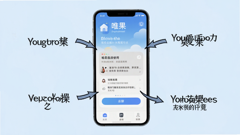 唯果租房使用指南图解,手机屏幕显示应用首页,周围有箭头标注操作要点,背景为浅蓝色,简洁清晰,画质干净