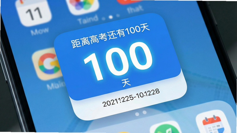 主体:桌面倒计时软件的界面展示,手机桌面中央有一个精美的倒计时小组件,显示“距离高考还有100天”。布局:手机屏幕为背景,小组件置于屏幕中间位置,周围有少量应用图标点缀。排版:简洁的卡片式设计,数字“100”超大显示,下方小字“天”和日期。风格:现代扁平化风格,色彩清新明快,以蓝白为主色调。细节:数字边缘有微光效果,日期字体清晰,组件圆角处理。画质:高清渲染,干净无多余元素。