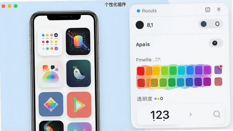 主体:桌面倒计时软件的桌面小组件个性化设置界面,左侧是手机预览,右侧是设置面板。布局:左右分栏,左侧手机屏幕显示多个不同样式的小组件,右侧列出颜色、字体、透明度等选项。排版:设置面板采用列表式布局,选项清晰。风格:清新简洁的UI设计,圆角元素。细节:颜色选择器有彩虹色块,字体预览显示“123”。画质:高清,干净,无多余元素。
