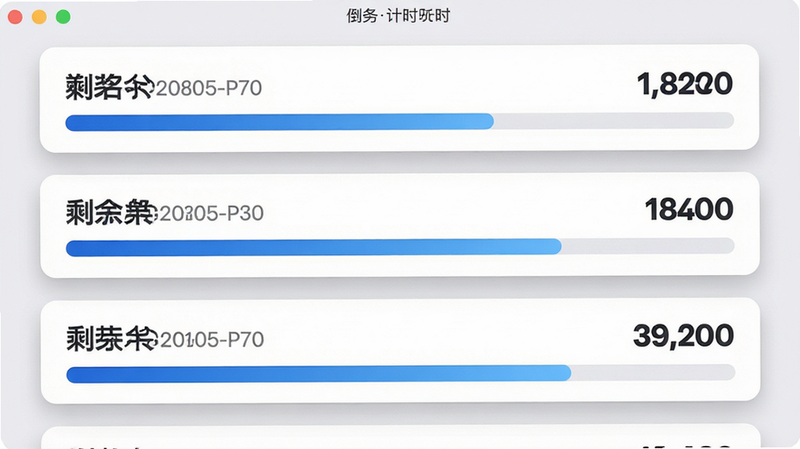 主体:桌面倒计时软件的倒计时任务列表界面,展示多个倒计时项目。布局:列表从上到下依次排列,每个项目包含名称、剩余时间和进度条。排版:卡片式布局,每个卡片圆角阴影,名称左对齐,时间右对齐。风格:现代化UI,浅灰背景,白色卡片。细节:进度条用蓝色渐变,时间数字加粗。画质:高清,干净,无多余元素。