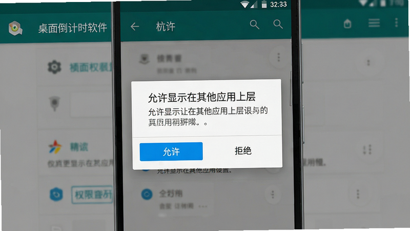 主体:桌面倒计时软件的安装与权限设置界面,手机屏幕显示权限请求弹窗。布局:手机居中,屏幕上有“允许显示在其他应用上层”弹窗,下方有“允许”和“拒绝”按钮。排版:弹窗居中,按钮水平排列。风格:安卓系统原生风格,简洁清晰。细节:权限说明文字清晰,按钮高亮。画质:高清,干净,无多余元素。
