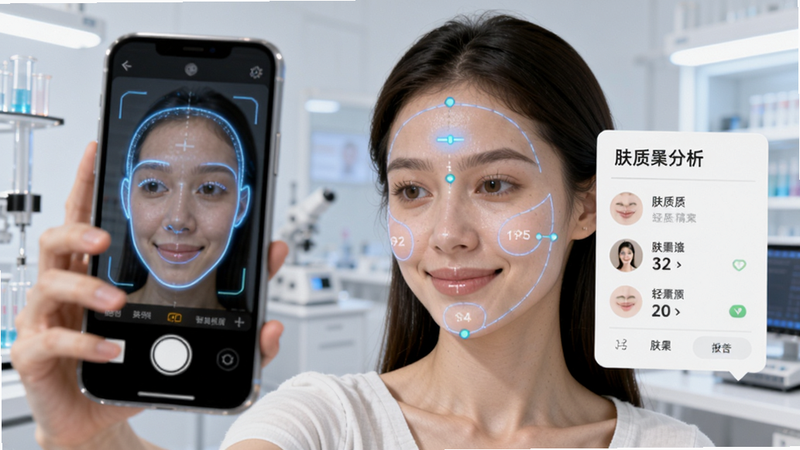 ���ʶ���App���ܷ��ʼ�⹦����ʾͼ��������һλ����Ů����ʹ���ֻ�ǰ������ͷ���ģ���Ļ������ʾ�沿����ɨ�趯��������ע����ͷ�����ա��°͵������Աߵ������ʷ���������濨������Ϊǳɫʵ���ҷ�����廭�ʸɾ���ϸ�ڷḻ��ͻ���Ƽ�����רҵ��