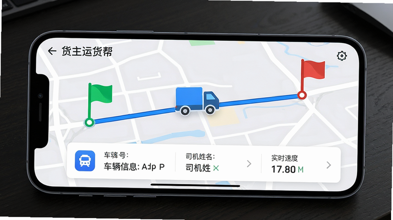 ��������Ϊ�������˻��APP��ͼ׷�ٽ��棬��ͼ����ʾһ����ɫ����ͼ�������ع滮·����ʻ��·������ɫ��������������յ�����ɫ�ͺ�ɫ��ꡣ��Ļ�·��г�����Ϣ��Ƭ���������ƺš�˾��������ʵʱ�ٶȡ��ֻ�����չʾ������Ϊ��ɫ���棬����ǿ����ͼ�������Ⱥ�·�߿����ԣ����רҵ�����ʸ��壬�ɾ��޶���Ԫ�ء�